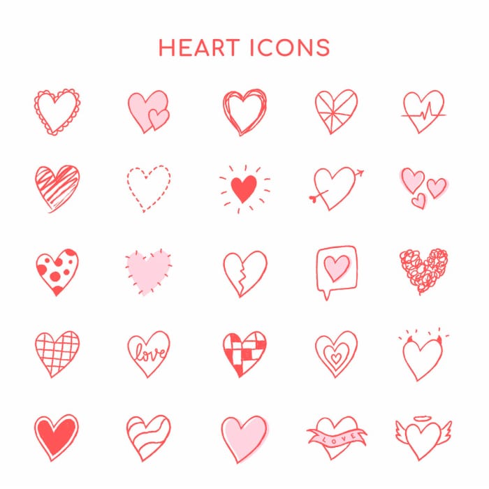Heart Icons, Pink Set in Hand-drawn Doodle Style