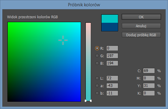 Próbnik kolorów programu Adobe Indesign CC 2014