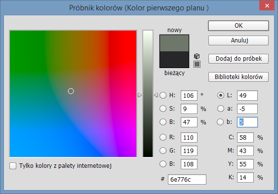 Próbnik kolorów programu Adobe Photoshop dla modelu Lab