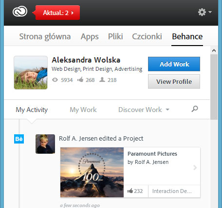 Oprogramowanie Creative Cloud pozwala także na zarządzanie swoim profilem na Behance